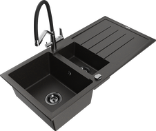 Mexen Andres granitový drez 1,5-komorový s odkvapkávačom a kuchynskou batériou Duo, čierno/zlatý metalik