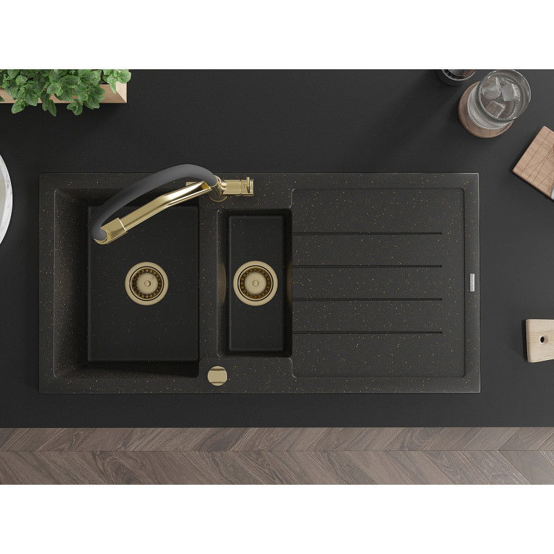 Mexen Andres granitový kuchynský drez 1,5-komorový s odkvapkávačom a kuchynskou batériou Duo, čierny/zlatý metalik