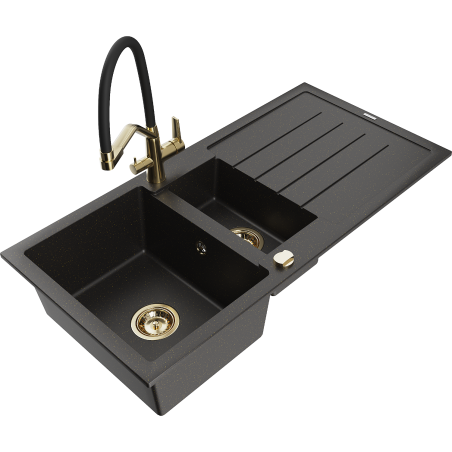 Mexen Andres granitový kuchynský drez 1,5-komorový s odkvapkávačom a kuchynskou batériou Duo, čierny/zlatý metalik