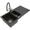 Mexen Andres granitový kuchynský drez 1,5-komorový s odkvapkávačom a kuchynskou batériou Duo, čierny/zlatý metalik