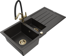 Mexen Andres granitový kuchynský drez 1,5-komorový s odkvapkávačom a kuchynskou batériou Duo, čierny/zlatý metalik