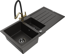 Mexen Andres žulový drez 1,5-komorový s odkvapkávačom a kuchynskou batériou Duo, čierny/zlatý metalik - 6515-75-671701-57-B