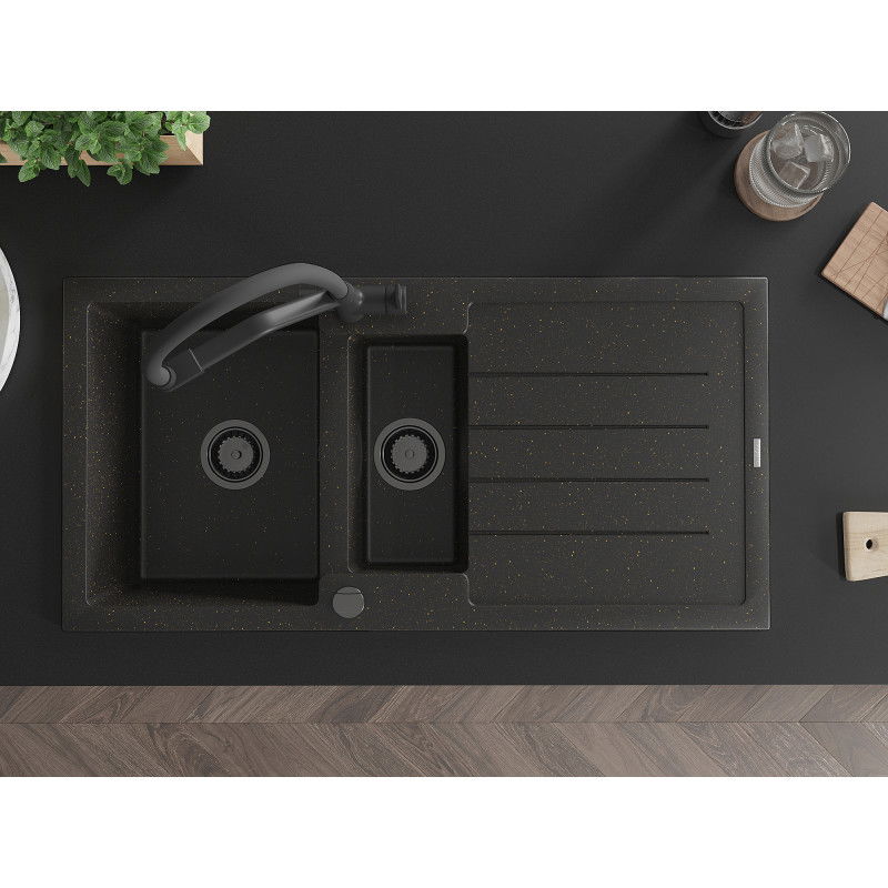 Mexen Andres žulový drez s 1,5 komorami s odkvapkávačom a kuchynskou batériou Duo, čierno/zlatý kovový - 6515-75-671701-70-B