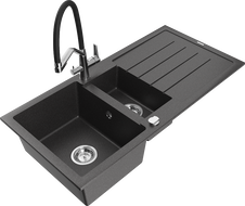 Mexen Andres granitový drez 1,5-komorový s odkvapkávačom a kuchynskou batériou Duo, čierny bodkovaný - 6515-76-671701-07