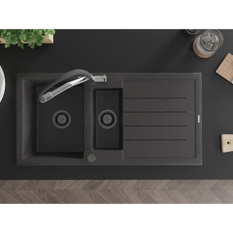 Mexen Andres žulový drez s 1,5 komorou s odkvapkávačom a kuchynskou batériou Duo, čierny škvrnitý - 6515-76-671701-07-B