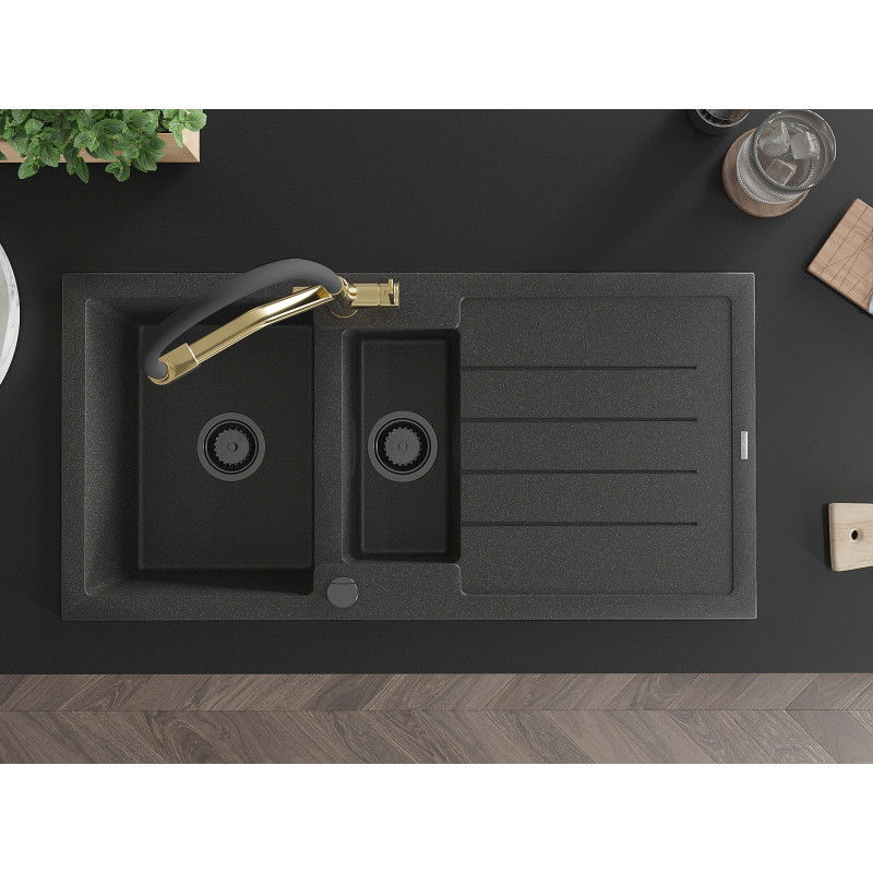 Mexen Andres žulový drez 1,5-komorový s odkvapkávačom a kuchynskou batériou Duo, čierny s fľakmi - 6515-76-671701-57-B
