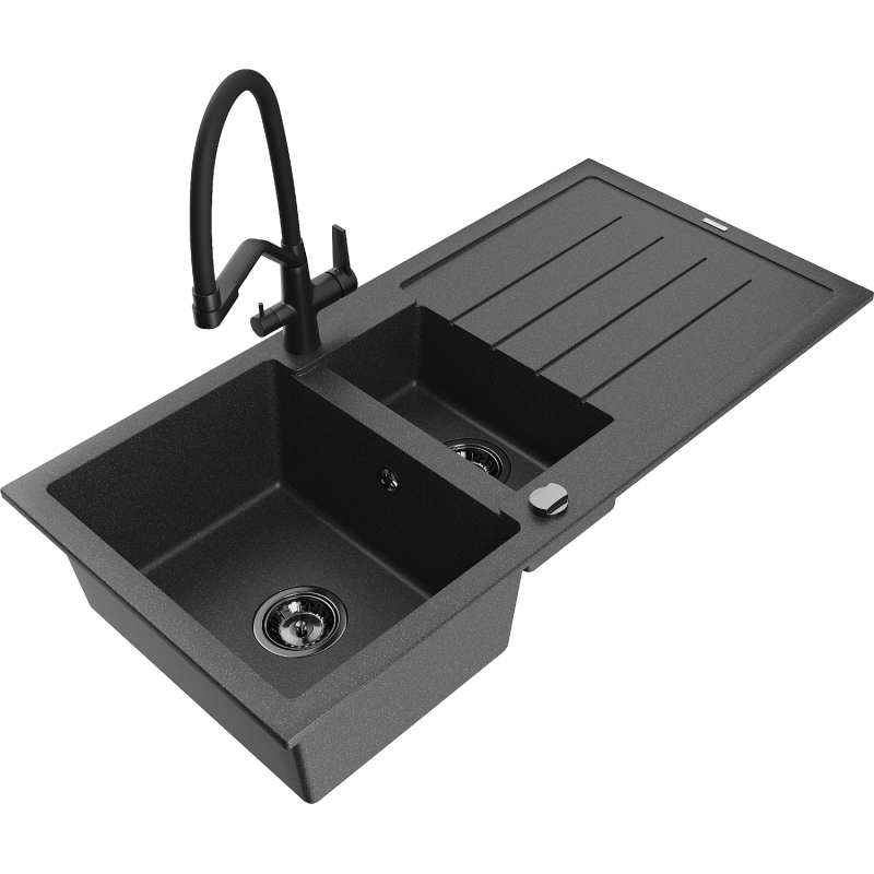 Mexen Andres granitový drez s 1,5 komorami, odkvapkávačom a kuchynskou batériou Duo, čierny škvrnitý