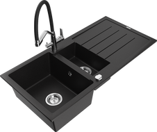 Mexen Andres granitový drez 1,5-komorový s odkvapkávačom a kuchynskou batériou Duo, čierny - 6515-77-671701-07