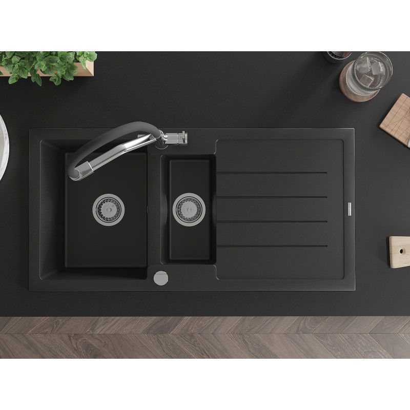 Mexen Andres granitový drez 1,5-komorový s odkvapkávačom a kuchynskou batériou Duo, čierny - 6515-77-671701-07
