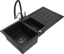 Mexen Andres granitový drez 1,5-komorový s odkvapkávačom a kuchynskou batériou Duo, čierny - 6515-77-671701-07-B