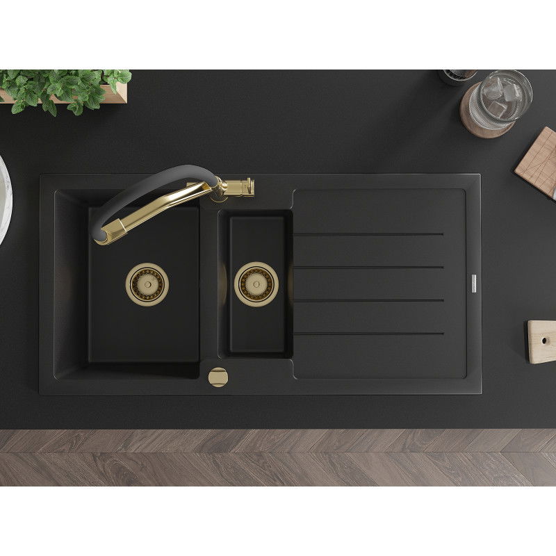 Mexen Andres žulový drez s 1,5 komorou, odkvapkávačom a kuchynskou batériou Duo, čierny - 6515-77-671701-57-G