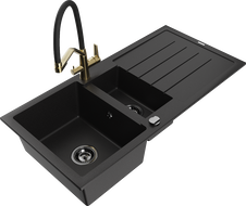 Mexen Andres žulový drez 1,5-komorový s odkvapkávačom a kuchynskou batériou Duo, čierny - 6515-77-671701-57-B