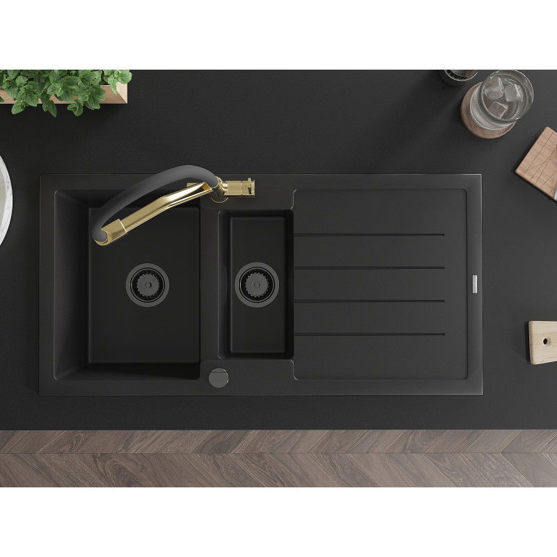 Mexen Andres žulový drez 1,5-komorový s odkvapkávačom a kuchynskou batériou Duo, čierny - 6515-77-671701-57-B