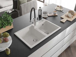 Mexen Tomas žulový drez s 2 komorami s kuchynskou batériou Duo, biely - 6516-20-671701-07