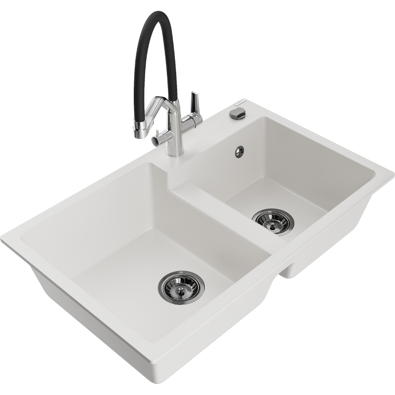 Mexen Tomas dvojkomorový granitový drez s kuchynskou batériou Duo, biely - 6516-20-671701-07-B