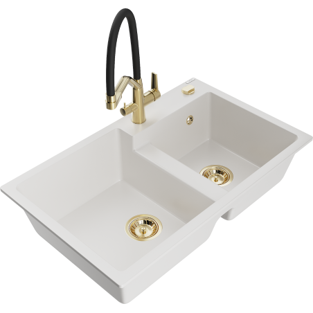 Mexen Tomas dvojkomorový granitový drez s kuchynskou batériou Duo, biely - 6516-20-671701-57-G