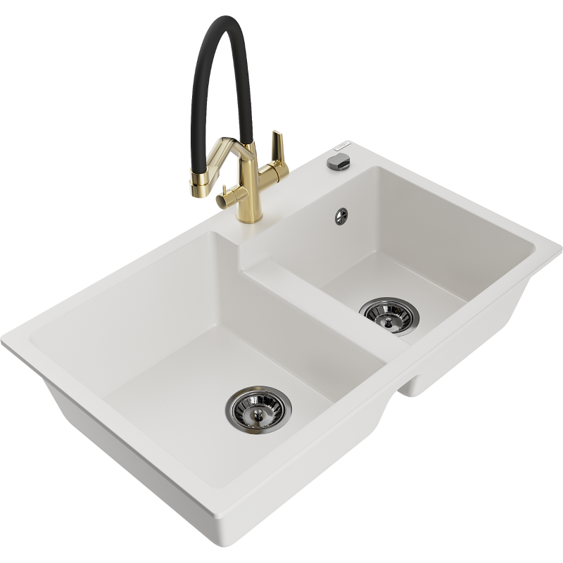 Mexen Tomas žulový drez s 2 komorami s kuchynskou batériou Duo, biely - 6516-20-671701-57-B