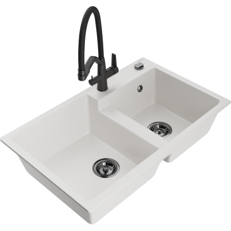 Mexen Tomas dvojkomorový žulový drez s kuchynskou batériou Duo, biely - 6516-20-671701-70-B