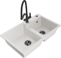 Mexen Tomas dvojkomorový žulový drez s kuchynskou batériou Duo, biely - 6516-20-671701-70-B