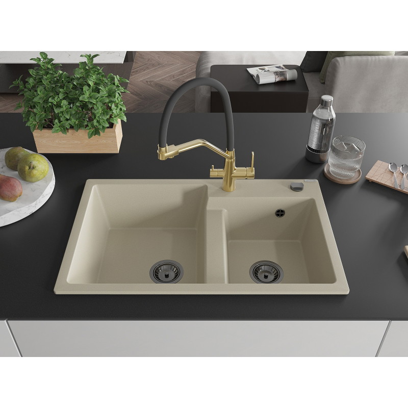 Mexen Tomas granitový dvojkomorový drez s kuchynskou batériou Duo, béžový - 6516-69-671701-57-B