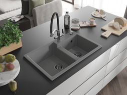 Mexen Tomas žulový kuchynský drez s 2 komorami a kuchynskou batériou Duo, sivý - 6516-71-671701-07-B