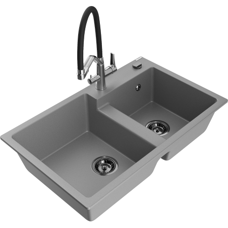 Mexen Tomas žulový kuchynský drez s 2 komorami a kuchynskou batériou Duo, sivý - 6516-71-671701-07-B