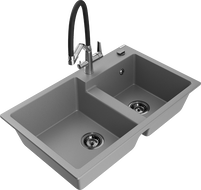 Mexen Tomas žulový kuchynský drez s 2 komorami a kuchynskou batériou Duo, sivý - 6516-71-671701-07-B