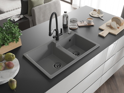 Mexen Tomas dvojkomorový žulový drez s kuchynskou batériou Duo, sivý - 6516-71-671701-70-B