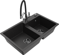 Mexen Tomas žulový kuchynský drez s 2 komorami a kuchynskou batériou Duo, čierny/strieborný metalický - 6516-73-671701-07-B