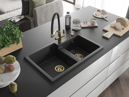 Mexen Tomas žulový drez s 2 komorami a kuchynskou batériou Duo, čierny/strieborný metalický - 6516-73-671701-57-G