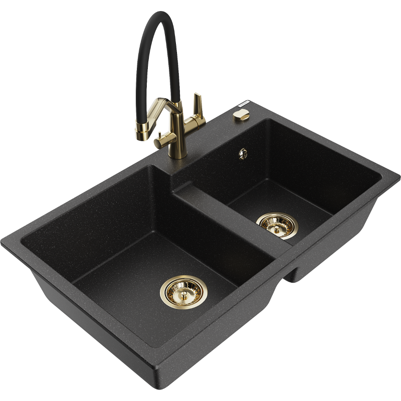 Mexen Tomas žulový drez s 2 komorami a kuchynskou batériou Duo, čierny/strieborný metalický - 6516-73-671701-57-G