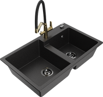 Mexen Tomas dvojkomorový žulový drez s kuchynskou batériou Duo, čierny/strieborný metalík - 6516-73-671701-57-B