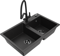 Mexen Tomas dvojkomorový granitový drez s kuchynskou batériou Duo, čierny/strieborný metalik - 6516-73-671701-70-B