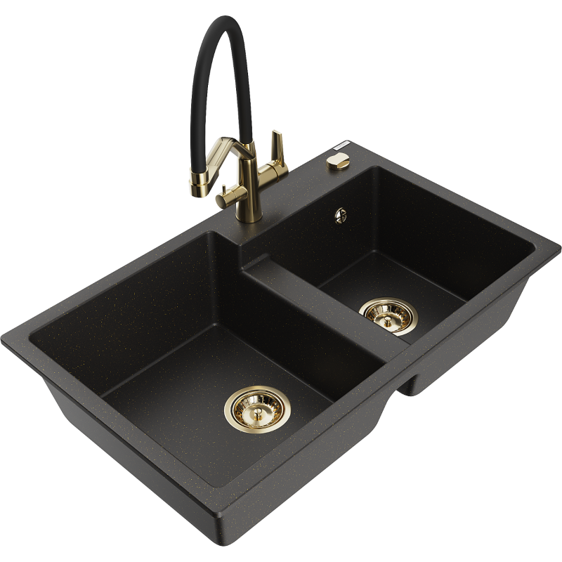 Mexen Tomas granitový drez 2-komorový s kuchynskou batériou Duo, čierny/zlatý metalik - 6516-75-671701-57-G