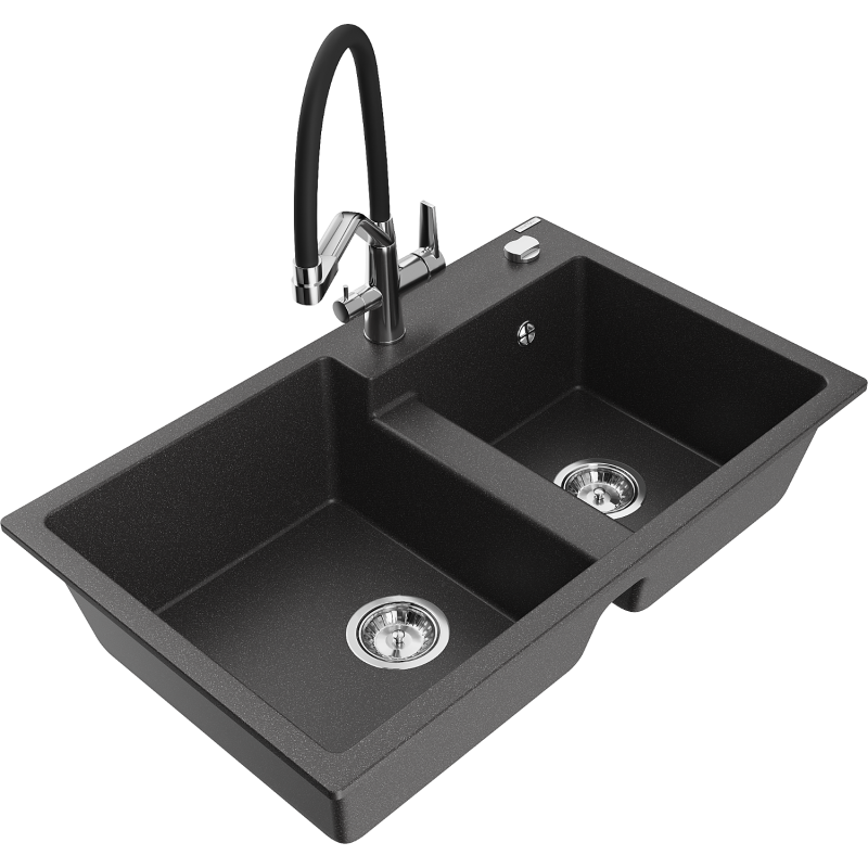 Mexen Tomas granitový drez s 2 komorami a kuchynskou batériou Duo, čierna s fľakmi - 6516-76-671701-07