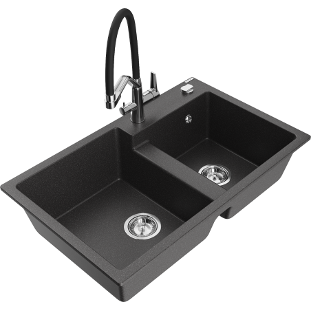 Mexen Tomas granitový drez s 2 komorami a kuchynskou batériou Duo, čierna s fľakmi - 6516-76-671701-07
