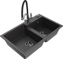 Mexen Tomas žulový dvojkomorový kuchynský drez s kuchynskou batériou Duo, čierny postrekovaný - 6516-76-671701-07-B
