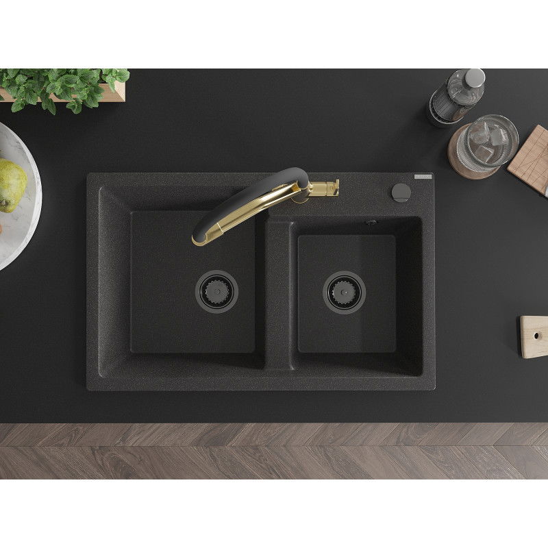 Mexen Tomas žulový drez s 2-komorovým kuchynským batériou Duo, čierny škvrnitý - 6516-76-671701-57-B