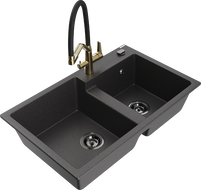 Mexen Tomas žulový drez s 2-komorovým kuchynským batériou Duo, čierny škvrnitý - 6516-76-671701-57-B