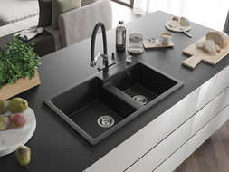 Mexen Tomas žulový dvojkomorový kuchynský drez s batériou Duo, čierny - 6516-77-671701-07
