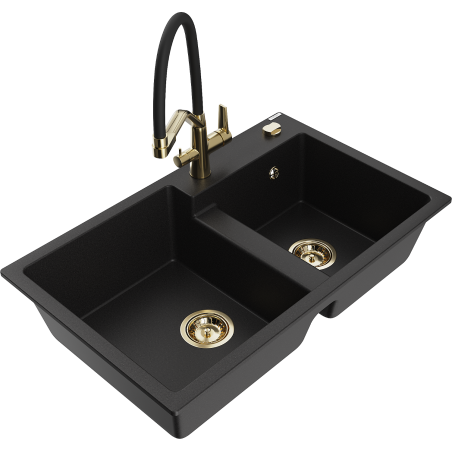 Mexen Tomas dvojkomorový granitový drez s kuchynskou batériou Duo, čierny - 6516-77-671701-57-G