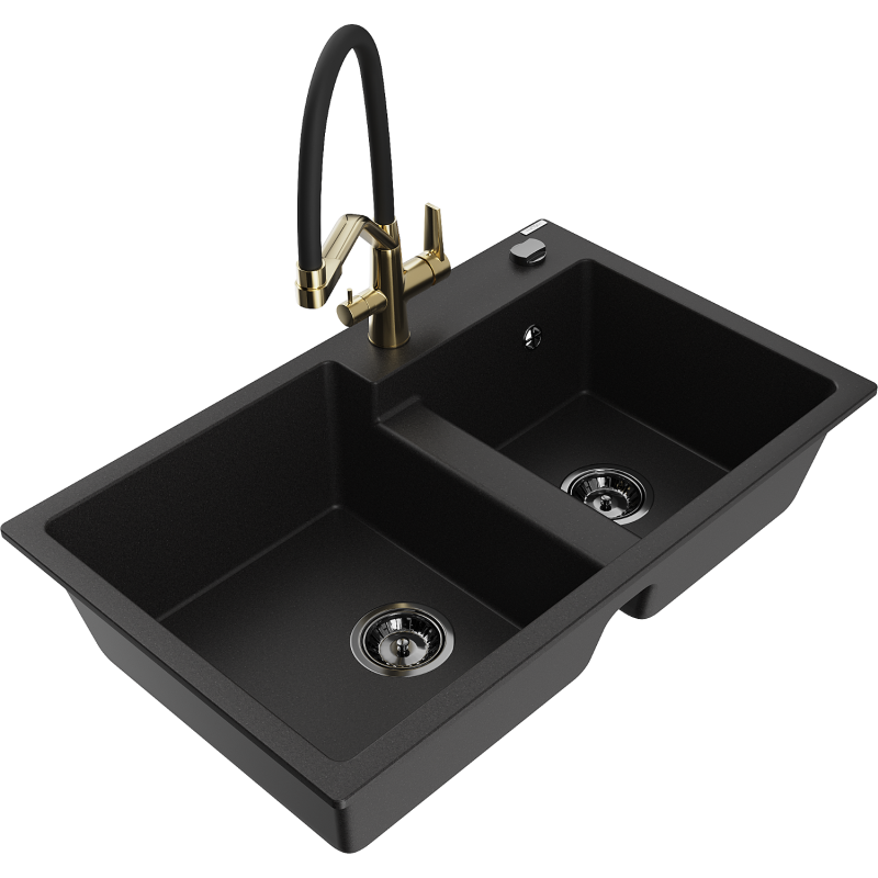 Mexen Tomas dvojdrezový kuchynský drez z granitu s kuchynskou batériou Duo, čierny - 6516-77-671701-57-B
