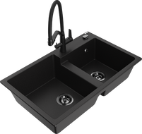 Mexen Tomas dvojkomorový žulový drez s kuchynskou batériou Duo, čierna - 6516-77-671701-70-B