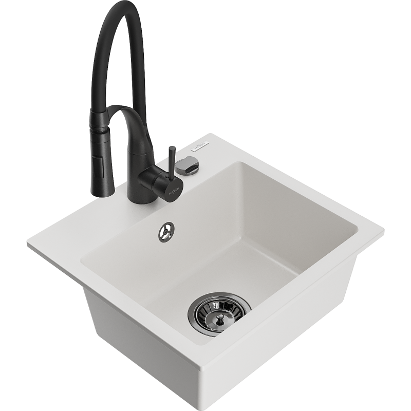 Mexen Milo granitový kuchynský drez s 1 komorou a kuchynskou batériou Aster, biely - 6505-20-73450-70-B