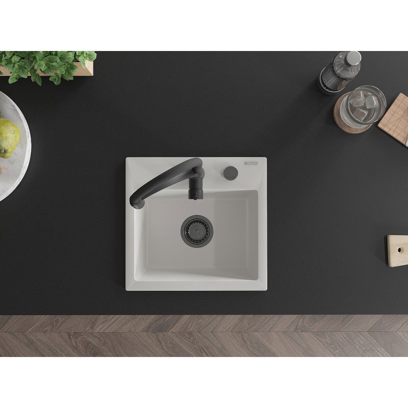 Mexen Milo granitový kuchynský drez s 1 komorou a kuchynskou batériou Aster, biely - 6505-20-73450-70-B