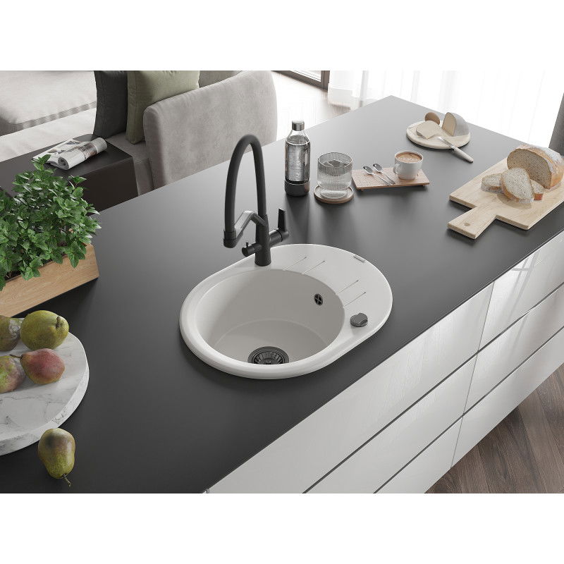 Mexen Kevin granitový kuchynský drez 1-komorový s kuchynskou batériou Duo, biely - 6517-20-671701-70-B