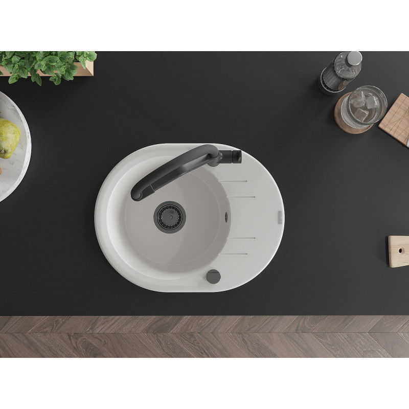 Mexen Kevin granitový kuchynský drez 1-komorový s kuchynskou batériou Duo, biely - 6517-20-671701-70-B