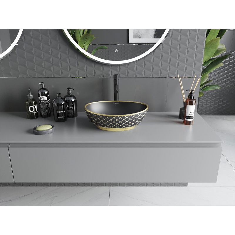 Mexen Elza nadstolová umývadlo 40 x 33 cm, čierna matná/zlatý vzor mriežka - 21014029