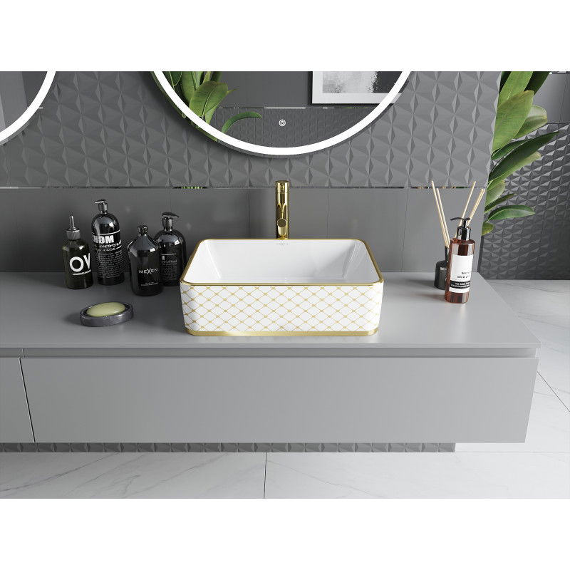 Mexen Catia umývadlo na dosku 48 x 37 cm, biela/zlatá vzor mriežka - 21314809