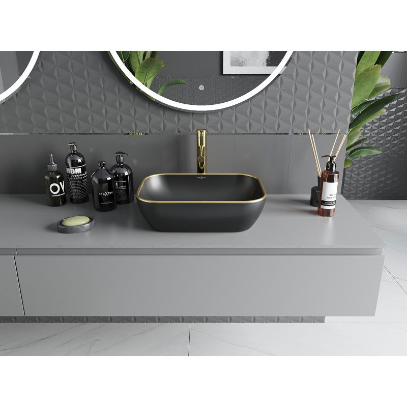 Mexen Rita umývadlo na dosku 45 x 32 cm, čierna mat/zlatý okraj - 21084575